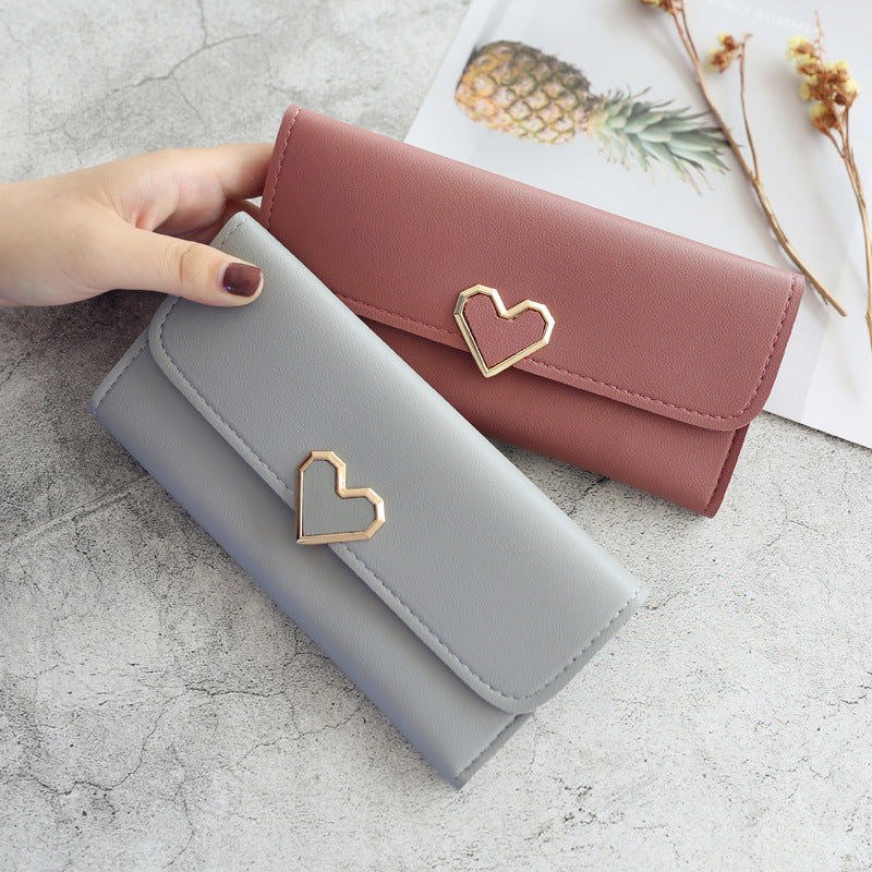 New Cute PU Leather Purse Heart-shaped Decoration Long Multi-card Wallet Purse Buckle Clutch Mobile Phone Student Women's Wallet - Trendylk