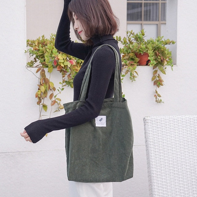 Women Corduroy Canvas Tote Handbag Female Cloth Shoulder Bags Young Ladies Casual Shopping Bag Girls Reusable Folding Bags - Trendylk