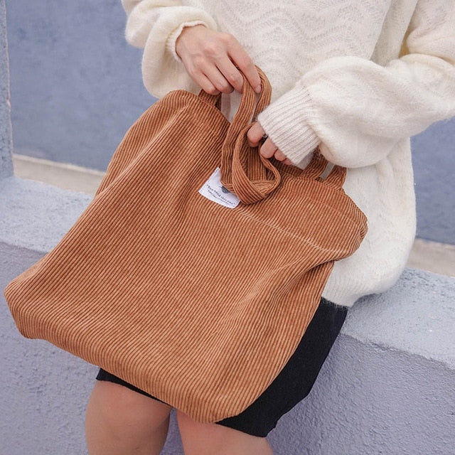 Women Corduroy Canvas Tote Handbag Female Cloth Shoulder Bags Young Ladies Casual Shopping Bag Girls Reusable Folding Bags - Trendylk