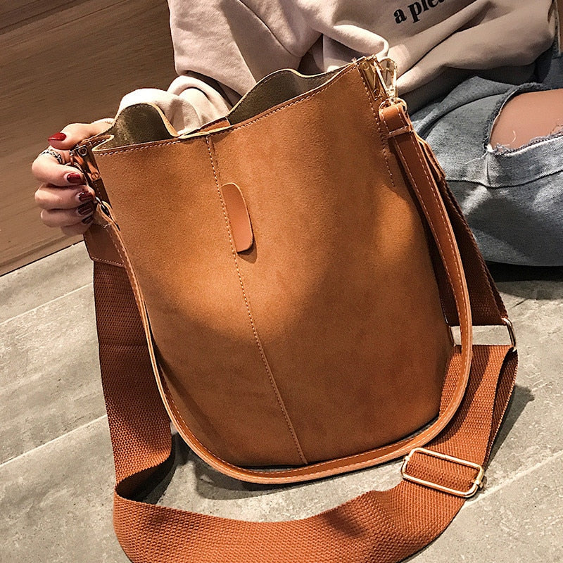Messenger bag Women Bucket Shoulder Bag large capacity vintage Matte PU Leather lady handbag Luxury Designer bolsos mujer Black - Trendylk