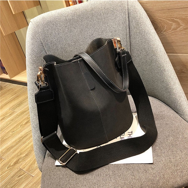 Messenger bag Women Bucket Shoulder Bag large capacity vintage Matte PU Leather lady handbag Luxury Designer bolsos mujer Black - Trendylk