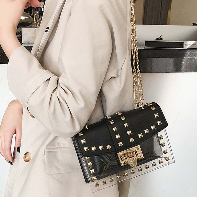Small clear Brand Designer Woman 2019 New Fashion Messenger Bag Chains Shoulder Bag Female Rivets Transparent Square PU Handbag - Trendylk