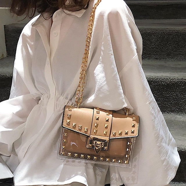 Small clear Brand Designer Woman 2019 New Fashion Messenger Bag Chains Shoulder Bag Female Rivets Transparent Square PU Handbag - Trendylk