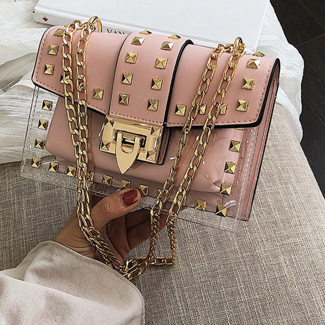 Small clear Brand Designer Woman 2019 New Fashion Messenger Bag Chains Shoulder Bag Female Rivets Transparent Square PU Handbag - Trendylk