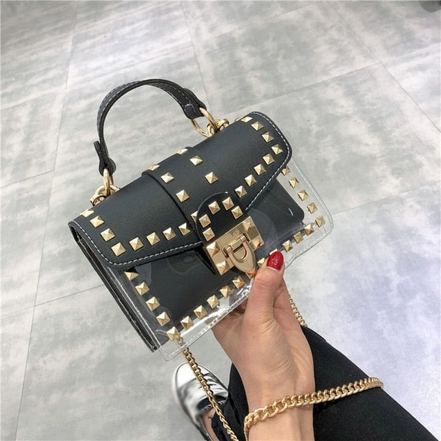 Small clear Brand Designer Woman 2019 New Fashion Messenger Bag Chains Shoulder Bag Female Rivets Transparent Square PU Handbag - Trendylk