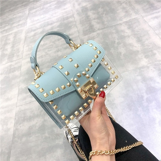 Small clear Brand Designer Woman 2019 New Fashion Messenger Bag Chains Shoulder Bag Female Rivets Transparent Square PU Handbag - Trendylk