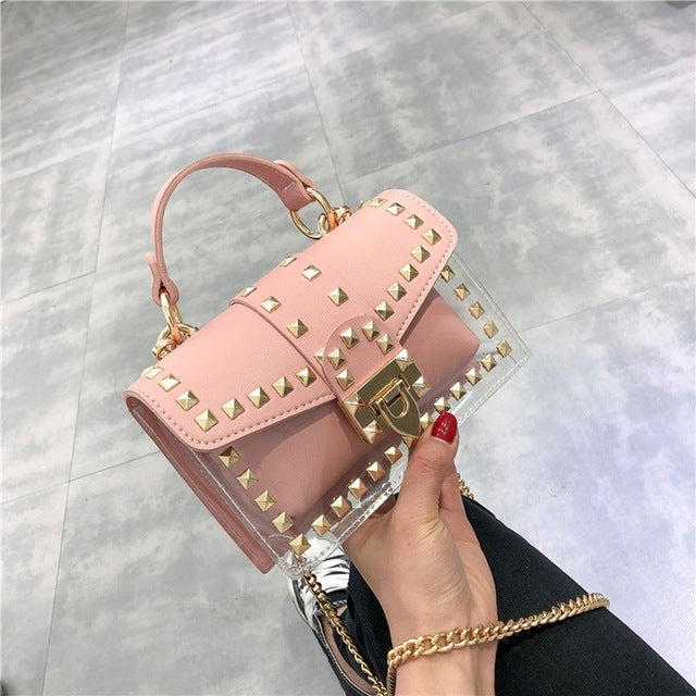 Small clear Brand Designer Woman 2019 New Fashion Messenger Bag Chains Shoulder Bag Female Rivets Transparent Square PU Handbag - Trendylk
