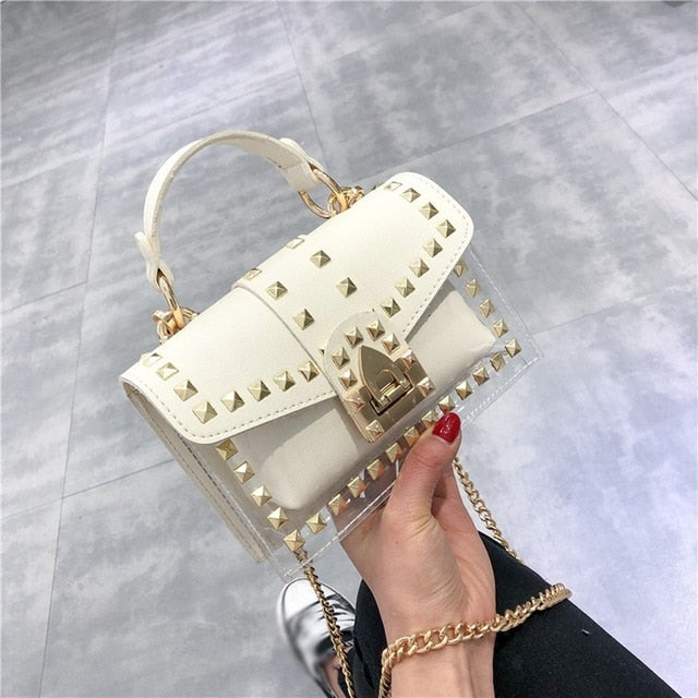 Small clear Brand Designer Woman 2019 New Fashion Messenger Bag Chains Shoulder Bag Female Rivets Transparent Square PU Handbag - Trendylk