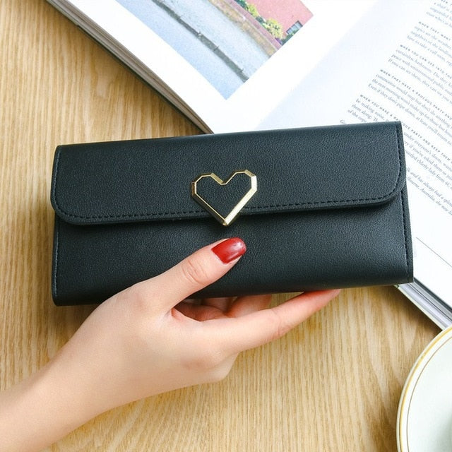 New Cute PU Leather Purse Heart-shaped Decoration Long Multi-card Wallet Purse Buckle Clutch Mobile Phone Student Women's Wallet - Trendylk