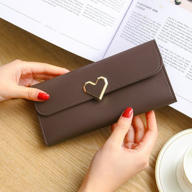 New Cute PU Leather Purse Heart-shaped Decoration Long Multi-card Wallet Purse Buckle Clutch Mobile Phone Student Women's Wallet - Trendylk