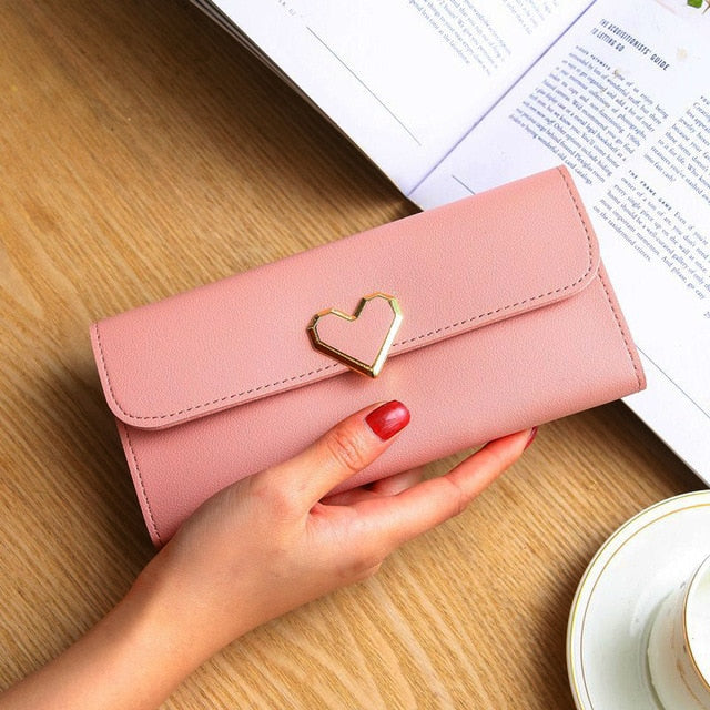 New Cute PU Leather Purse Heart-shaped Decoration Long Multi-card Wallet Purse Buckle Clutch Mobile Phone Student Women's Wallet - Trendylk