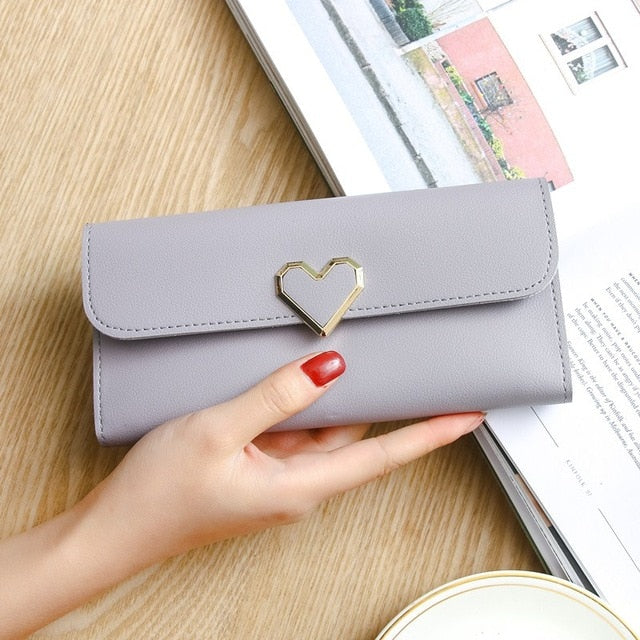 New Cute PU Leather Purse Heart-shaped Decoration Long Multi-card Wallet Purse Buckle Clutch Mobile Phone Student Women's Wallet - Trendylk