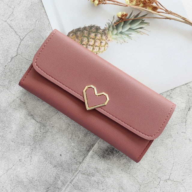 New Cute PU Leather Purse Heart-shaped Decoration Long Multi-card Wallet Purse Buckle Clutch Mobile Phone Student Women's Wallet - Trendylk