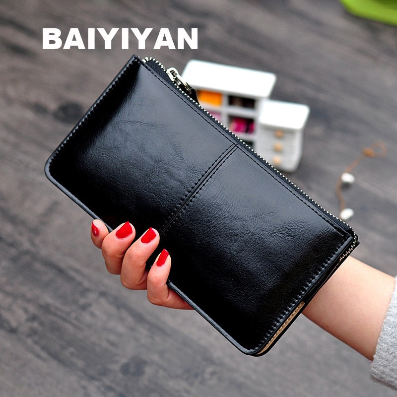 Vintage Women Oil wax Leather Zipper Clutch Wallet Female Purse Ladies Multi-function Simple Coin Purse - Trendylk