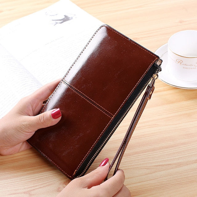 Vintage Women Oil wax Leather Zipper Clutch Wallet Female Purse Ladies Multi-function Simple Coin Purse - Trendylk